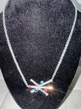 Sabika Vintage Silver Cross-Bar Necklace with Blue, Red & Turquoise Crystals